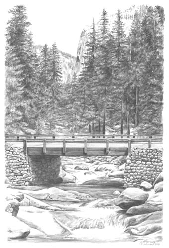 Marblefork Bridge, pencil on paper, 11x14 framed, currently hanging at the Courthouse Gallery in Exeter.