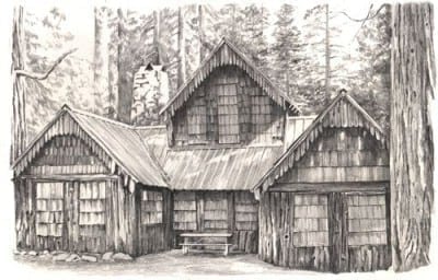 pencil drawing of Wilsonia cabin