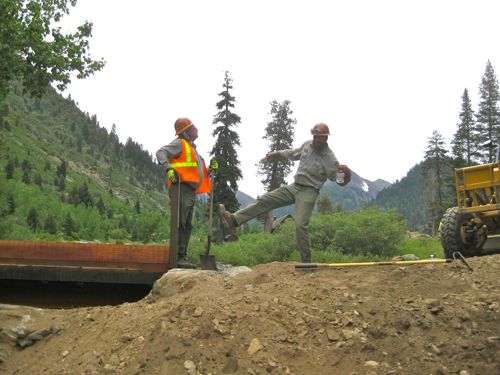 2 guys goofing off while working on the Mineral King Bridge photo by Jana Botkin