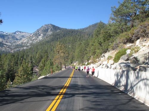 It might have been 3 miles of downhill, following the lake from the road above. We were walking very very fast.