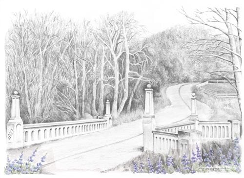 Pencil drawing of bridge over the Tule River in Tulare County. Today, perhaps it is a bridge over the troubled waters of donation requests.
