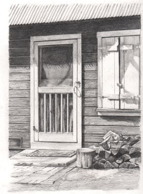 Pencil drawing of cabin door from The Cabins of Wilsonia.