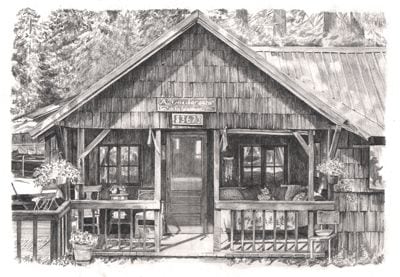 This pencil drawing of a Wilsonia cabin invites me to sit on the porch and contemplate a life without InDesign.