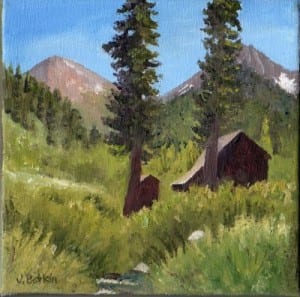 Mineral King oil painting of Crowley Cabin