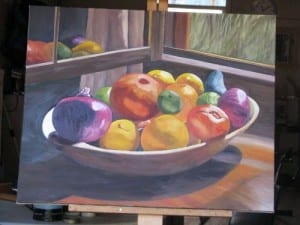 fruitbowl oil painting in progress