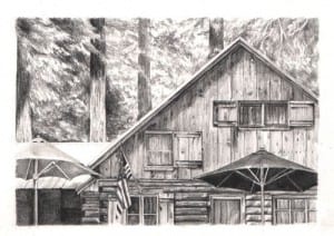 pencil drawing of Wilsonia cabin