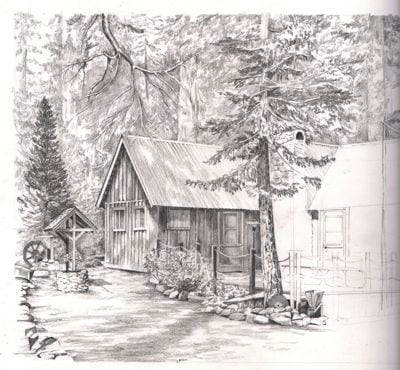 pencil drawing of cabin